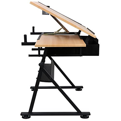 Drafting Table Art Desk, Height Adjustable Drawing Table Tilting Tabletop Work Station with Stool and Storage Drawer for Home, Office, Writing, Black