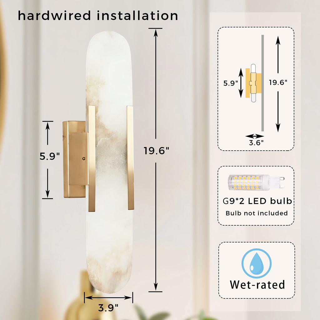 Sturdy Elongated Alabaster Shade Brass Sconce, Organic Texture Wall Light, Elegant Design Wall Lamp beside Mirror, for Hallway, Entryway, Bedroom, Living Room