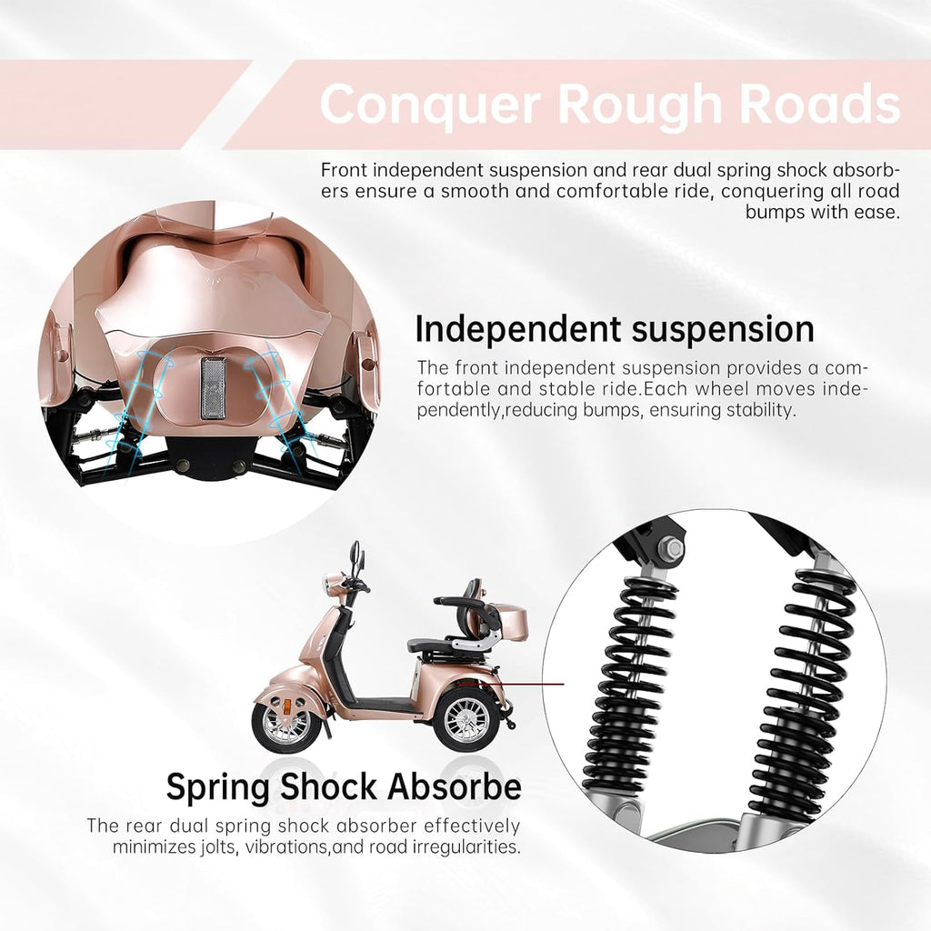800W Heavy Duty 4 Wheel Mobility Scooters for Seniors & Adults 500lbs Capacity, Powered Mobility Scooters with 3-Speed Control & USB Charger Port, Under Seat Storage, Rose