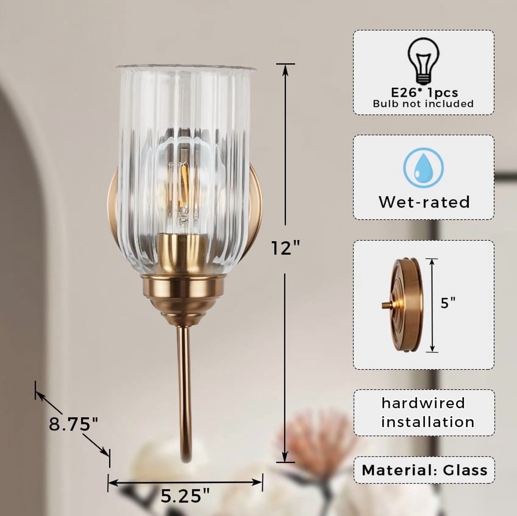 Mid Century Bathroom Vanity Wall Light Fixtures, Brass Wall Lamp with Glass Shade for Bedroom Mirror Living Room Kitchen