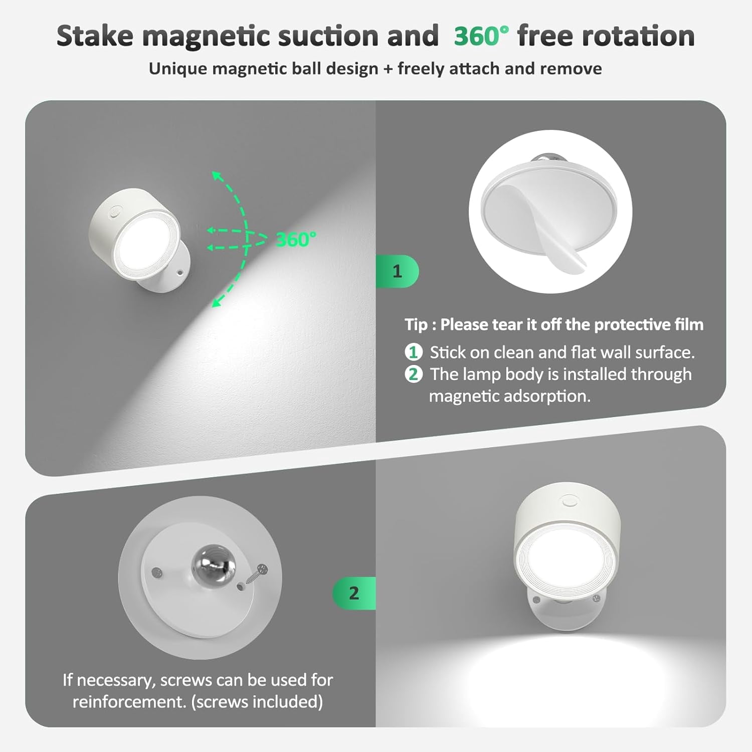 LED Wall Mounted Lights 2 Pcs with Remote, Wall Sconces Lamp 3000mAh Rechargeable Battery Operated, 3 Color Temperatures & Dimmable Magnetic 360° Rotation Cordless Light for Bedroom Bedside
