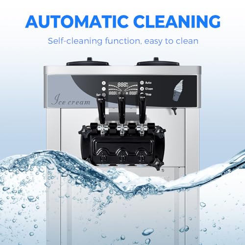 Commercial Ice Cream Maker, 1800W 3 Flavors Soft Serve Ice Cream Machine, 25L/H Yield 5.3 to 7.4Gallon per Hour PreCooling at Night Auto Clean LCD Panel for Restaurants Snack Bar, Sliver