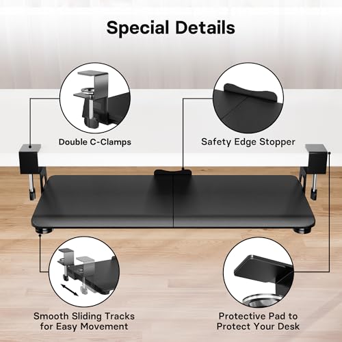 BONTEC Keyboard Tray Under Desk, Pull Out Keyboard & Mouse Tray with C-clamp, 25.6 Excluding Clamps (30 Including Clamps) x 11.8 Inch Steady Slide-Out Computer Drawer for Typing, Dark Black