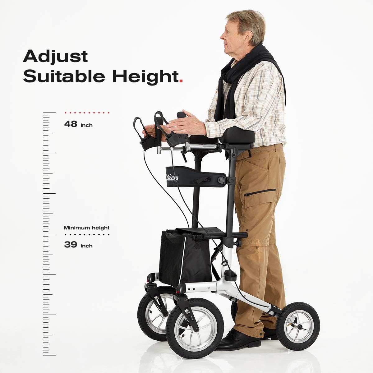 OasisSpace Upright Walker with 12” Pneumatic Wheel and Padded Bath Seat with 6 Height Adjustable Tube