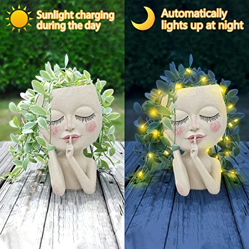 Solar-Face Flower Pot Head Planter Pots - LED String Lights Warterproof Resin Succulent Cactus Planters Pots with Drainage Hole Cute Lady Closed Eyes Indoor Outdoor Garden Decor (Large)