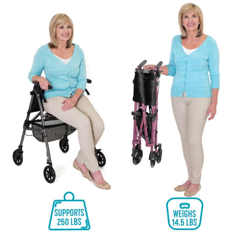 Stander Wonder Rollator Plus Short, Lightweight Junior Folding Walker for Seniors and Adults, Travel EZ Fold-N-Go Rollator, Petite Walker with Wheels and Seat, Cobalt Blue