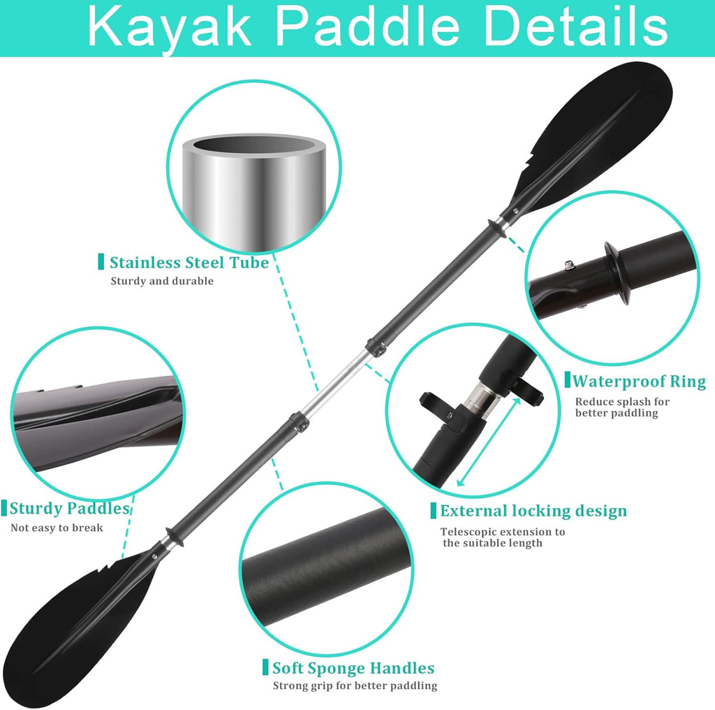 Kayak Paddle, Telescoping Canoe Paddle Boat Oars with Kayak Paddles Leash Stainless Steel Tube Comfort Grips Black(94inch)