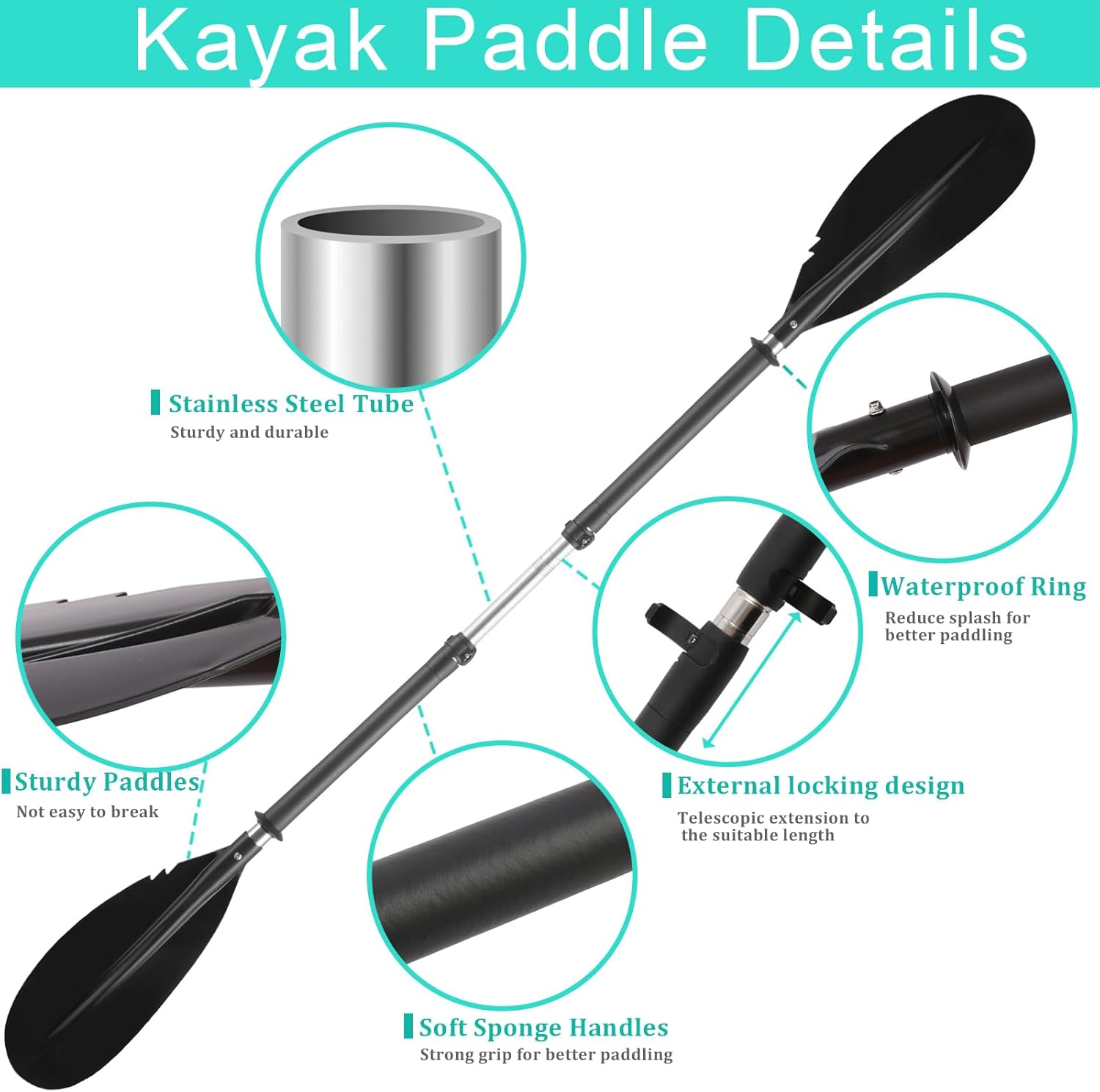 Kayak Paddle, Telescoping Canoe Paddle Boat Oars with Kayak Paddles Leash Stainless Steel Tube Comfort Grips Black(94inch)