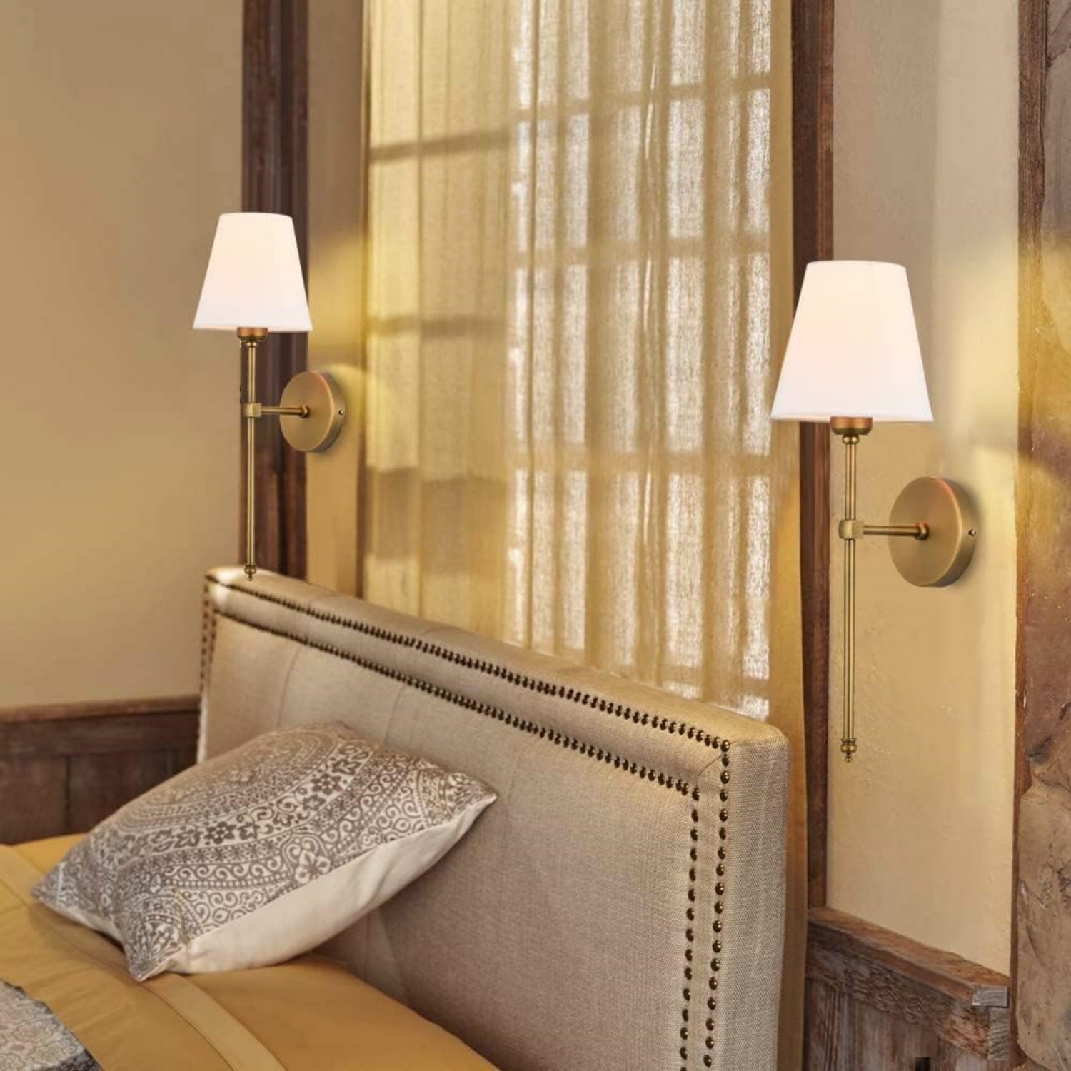 Wall Sconces Sets of 2, Hardwired Classic Brushed Brass Sconces Wall Lighting, Bathroom Vanity Light Fixture with Fabric Shade for Bedroom Living Room Hallway Kitchen, Gold