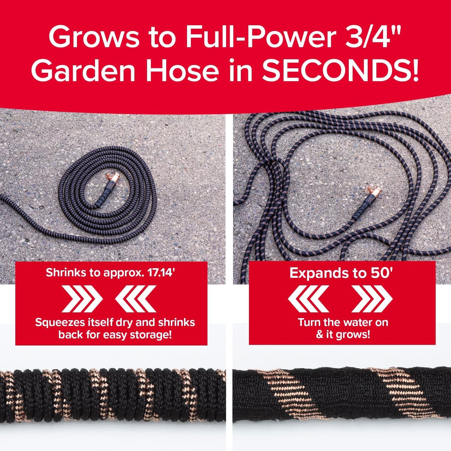 Pocket Hose Copper Bullet Expandable Garden Hose w/10 Pattern Thumb Spray Nozzle AS-SEEN-ON-TV 50 FT 650psi 3/4 in Patented Lead-Free Ultra-Lightweight Solid Copper Anodized Aluminum Fittings No-Kink