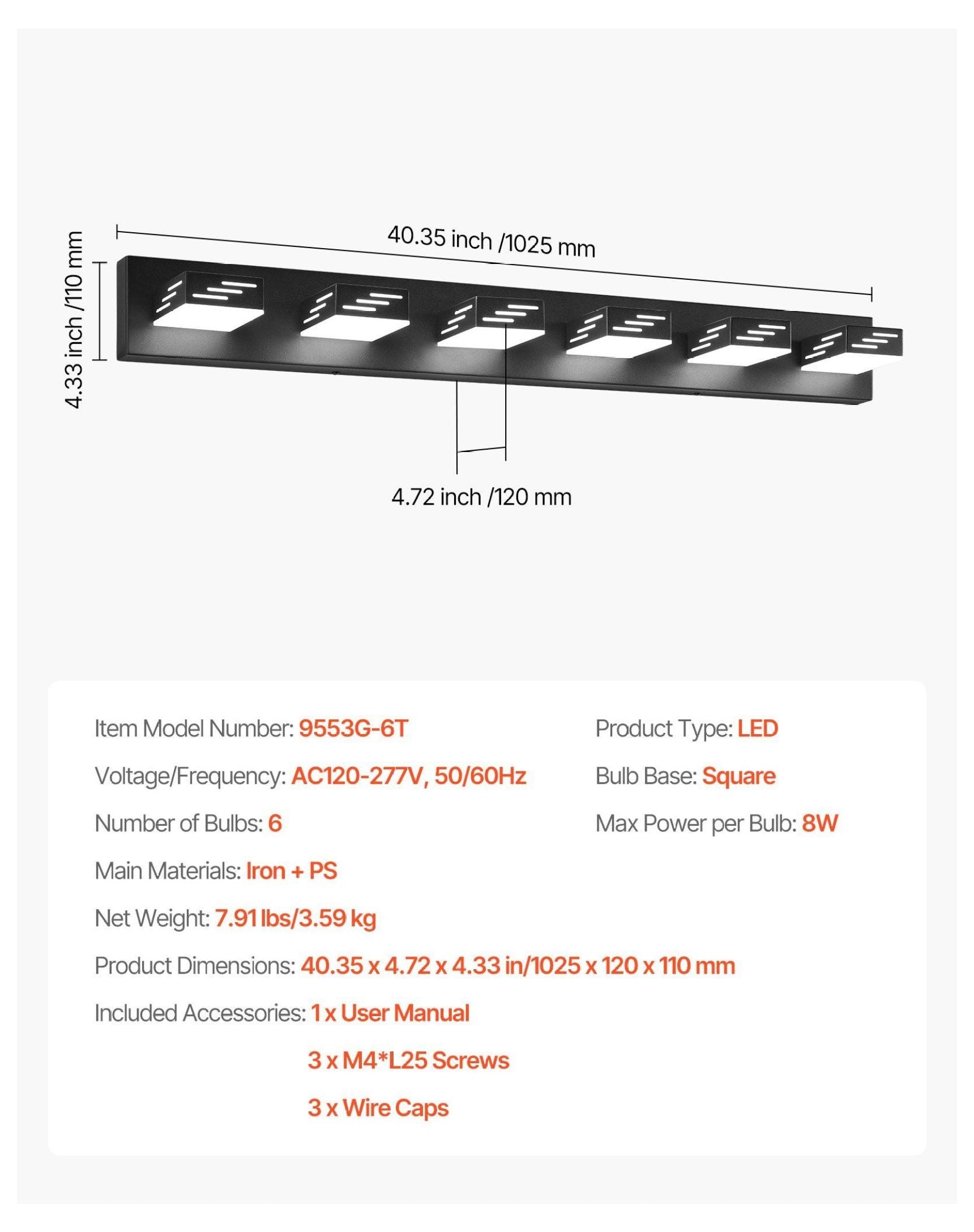 LED Bathroom Vanity Light Fixtures 6-Light, 40.35 Inch Modern Wall Sconce Lighting for Bathroom, Bedroom, Kitchen - 6000K Bright White, Adjustable