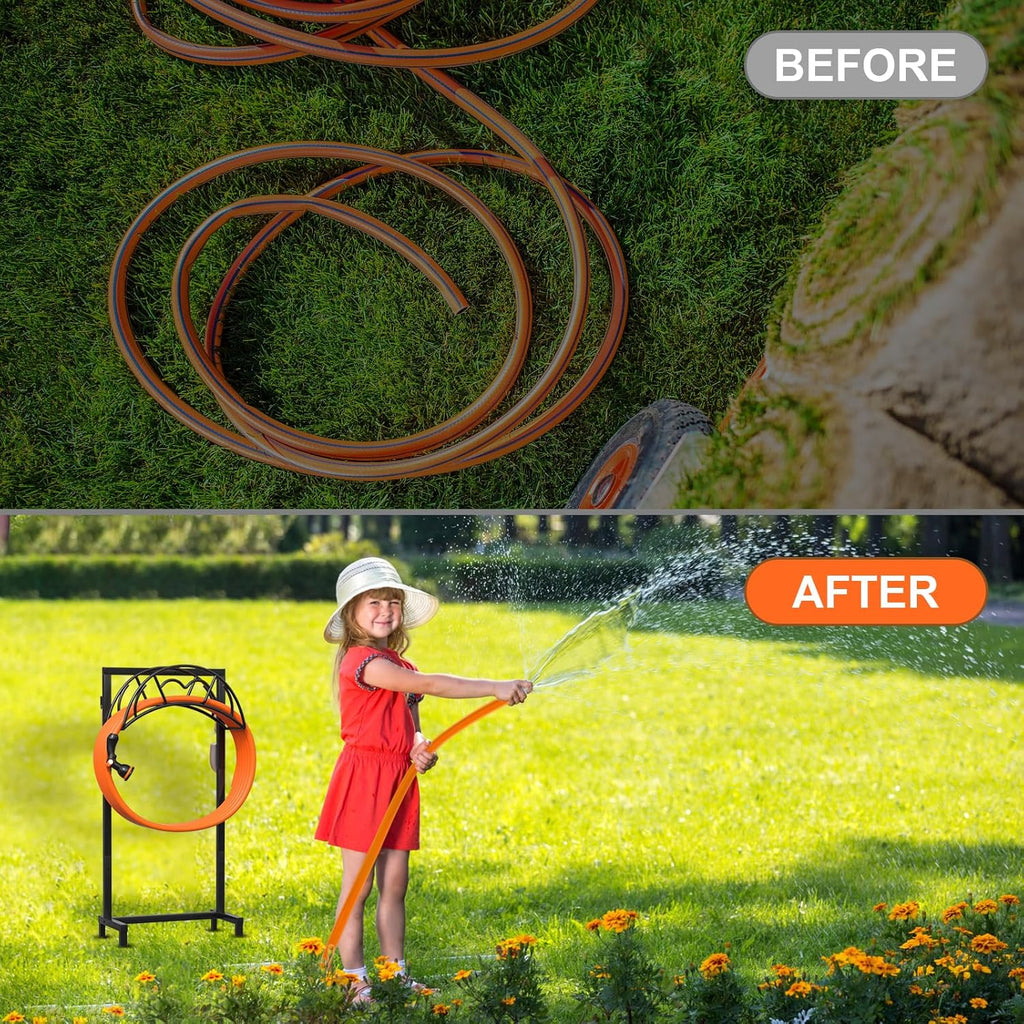 Garden Hose Holder, Freestanding Heavy Duty Water Hose Holder for Outside, Upgraded Metal Hose Stand with 4 Spikes, Detachable Garden Hose Storage Hose Reel Rack, Black