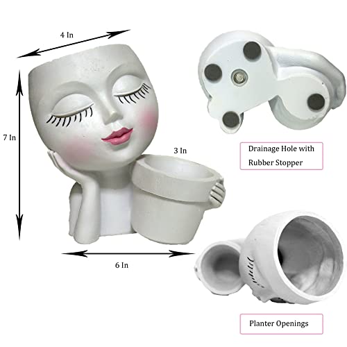 Head Planter Face Flower Pot, Dolkgy Woman Face Planter Unique White Head Planters for Indoor Outdoor Plants, Novelty Plant Pot Cute Lady Head Vase with Drainage Hole for Home Garden Succulents Cactus