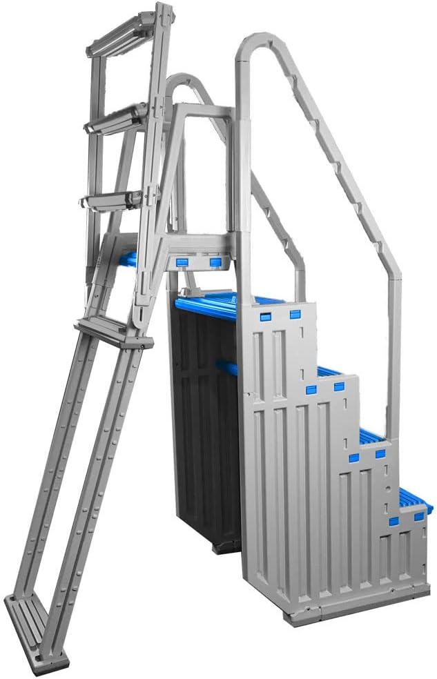 Confer Plastics Above Ground Swimming InPool Step & Ladder | Heavy Duty | White Frame with Blue & Gray Steps | Deck Height Up to 60 Inches | Enter & Exit Your Pool Safely