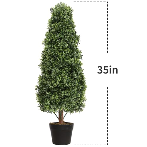 3ft Topiary Trees Artificial Topiaries Boxwood Trees Outdoor Faux Shrub 2 Packs with Black Pot, Fake Bushes Potted Green Plants Decorative Indoor Porch or Garden（35inch）