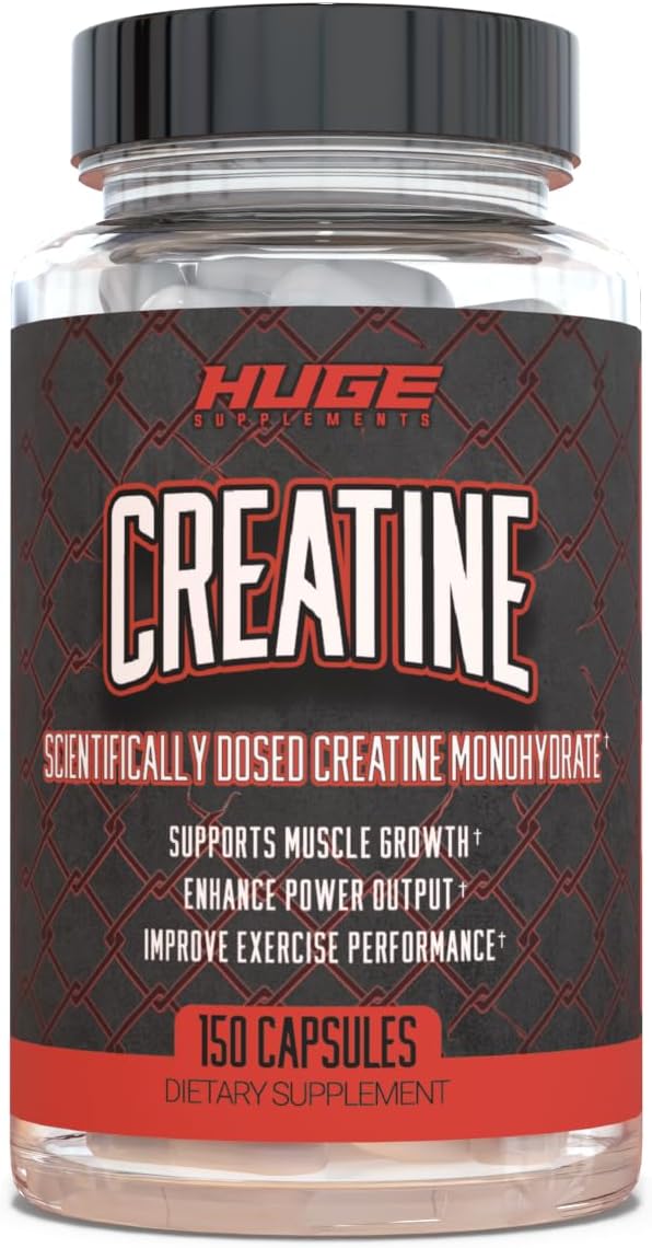 Huge Supplements Creatine Monohydrate Pills, 5g Per Serving, Clinically Dosed to Support Lean Muscle Growth, Recovery & Performance, Convenient Capsules (30 Servings)