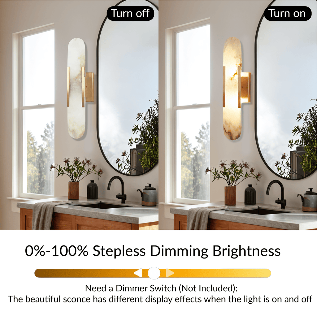 Sturdy Elongated Alabaster Shade Brass Sconce, Organic Texture Wall Light, Elegant Design Wall Lamp beside Mirror, for Hallway, Entryway, Bedroom, Living Room