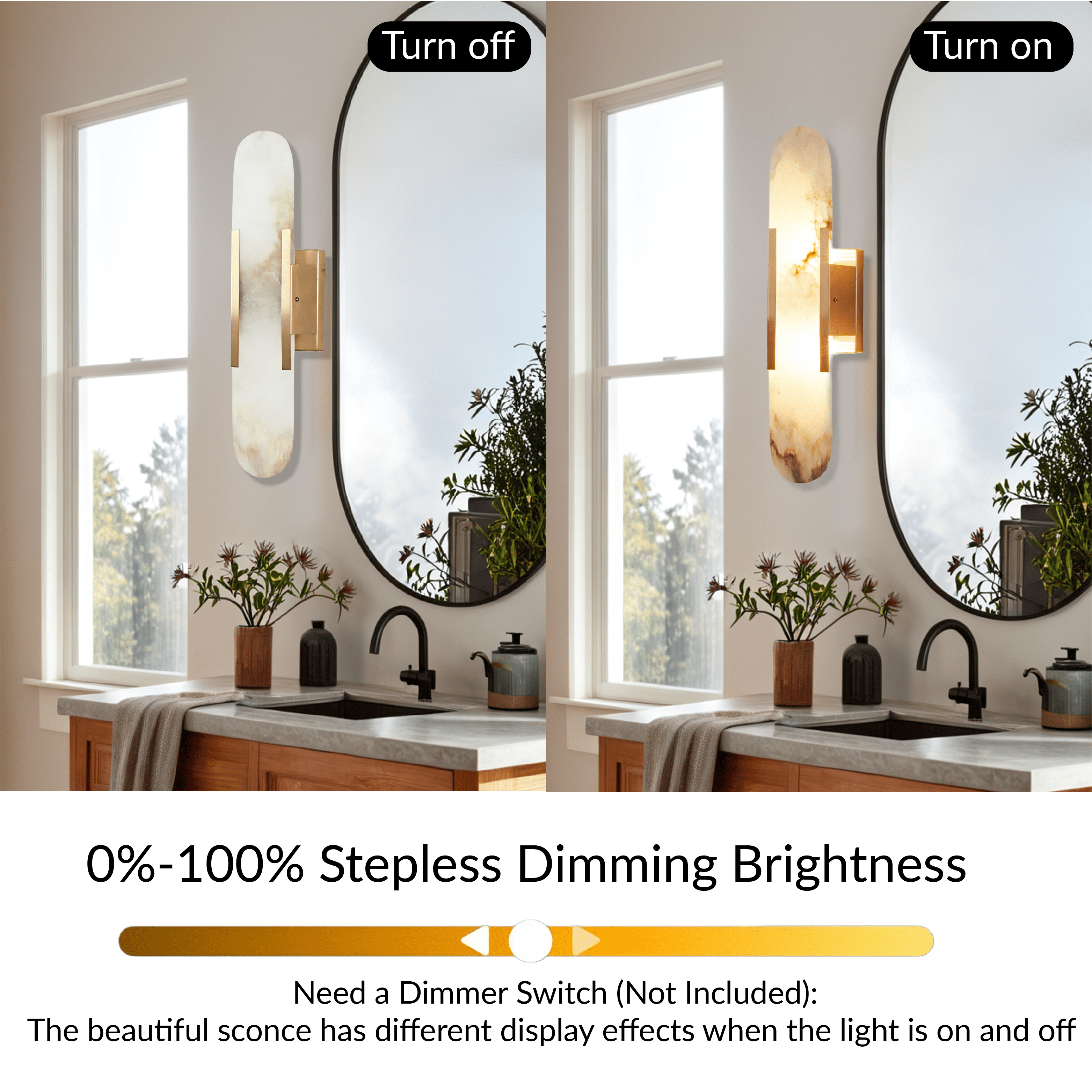 Sturdy Elongated Alabaster Shade Brass Sconce, Organic Texture Wall Light, Elegant Design Wall Lamp beside Mirror, for Hallway, Entryway, Bedroom, Living Room