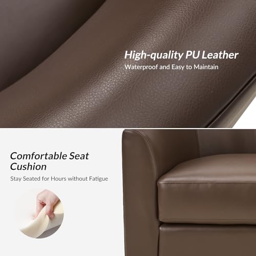 HULALA HOME Swivel Barrel Chair Set of 2, Genuine Leather Swivel Accent Chair with Solid Wood Base, Round Barrel Chair for Living Room & Bedroom, Brown