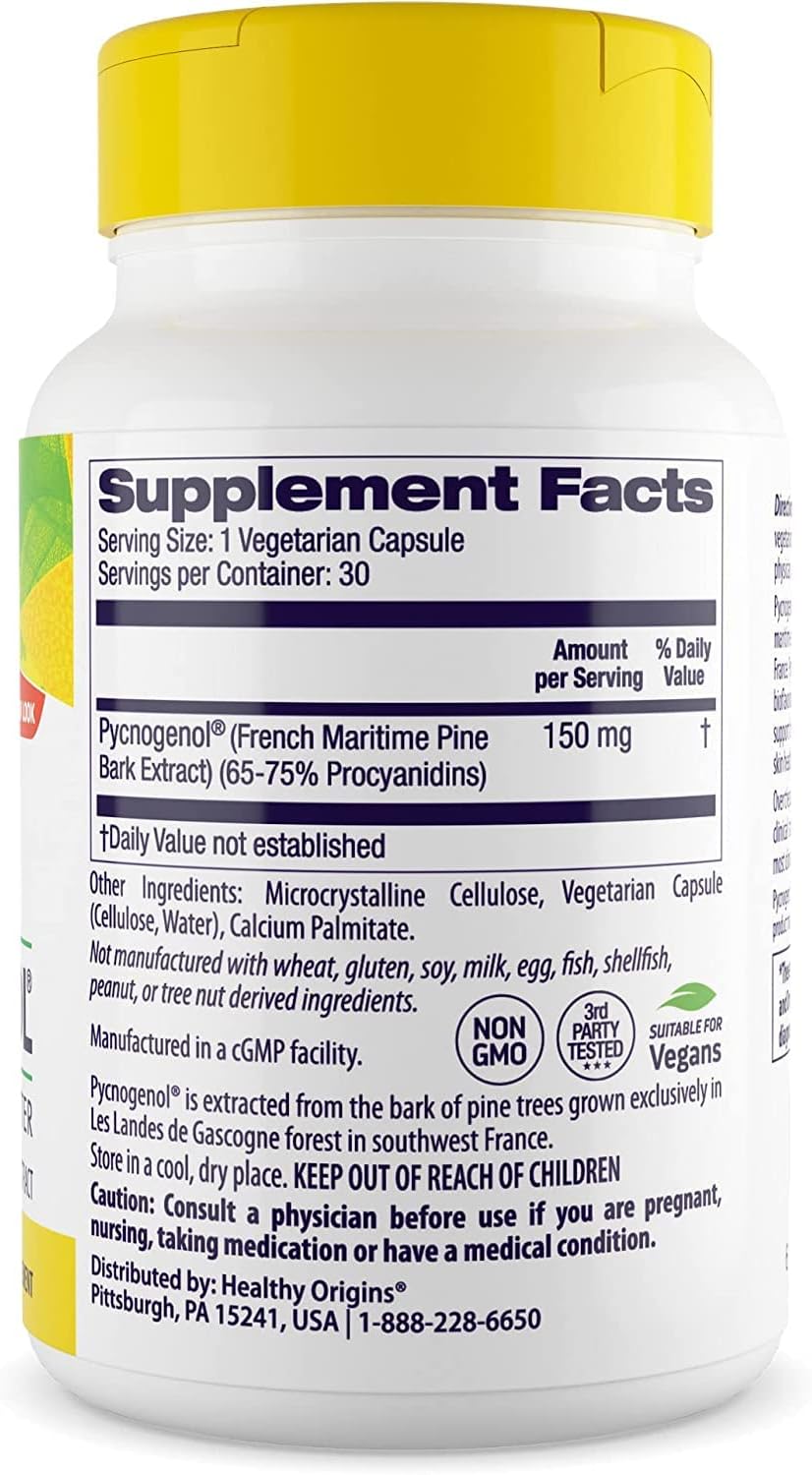 Healthy Origins Pycnogenol 150 mg - Premium Pine Bark Extract - French Maritime Pine Bark Extract for Heart Health, Skin Care & More - Gluten-Free & Non-GMO Supplement - 30 Veggie Caps