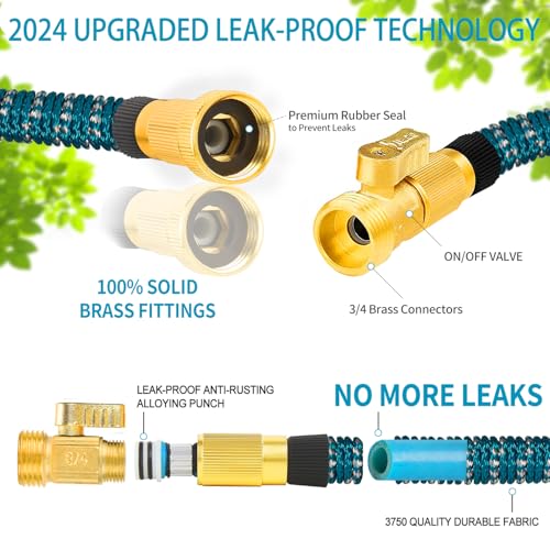 100 FT Expandable Garden Hose - 2024 Version, Lightweight, No-Kink Flexible Water Hose with 3/4" Solid Brass Fittings, Extra Strength Fabric - Flexible Expanding Hoses with 10 Pattern Spray Nozzle