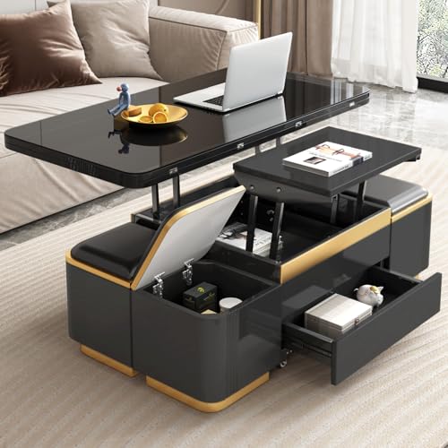 3-in-1 Multi-Functional Coffee Table with Glass Tabletop, Lift Top Center Table with 4 Storage Stools, Expandable Dining Table for Living Room, Office Table with Hidden Storage Compartment