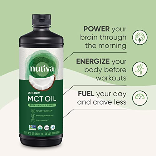 Nutiva Organic MCT Oil, Unflavored, 32 Oz, USDA Organic, Non-GMO, Non-BPA, Whole30 Approved, Vegan, Gluten-Free & Keto, 14g MCT per Serving & Neutral Flavor for Coffee, Shakes and Salads