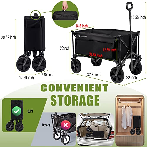 Collapsible Outdoor Utility Wagon with 300 lbs Capacity,Heavy Duty Folding Wagon with Side Pocket,Portable Grocery Wagon for Shopping Garden Camping Picnic,Black