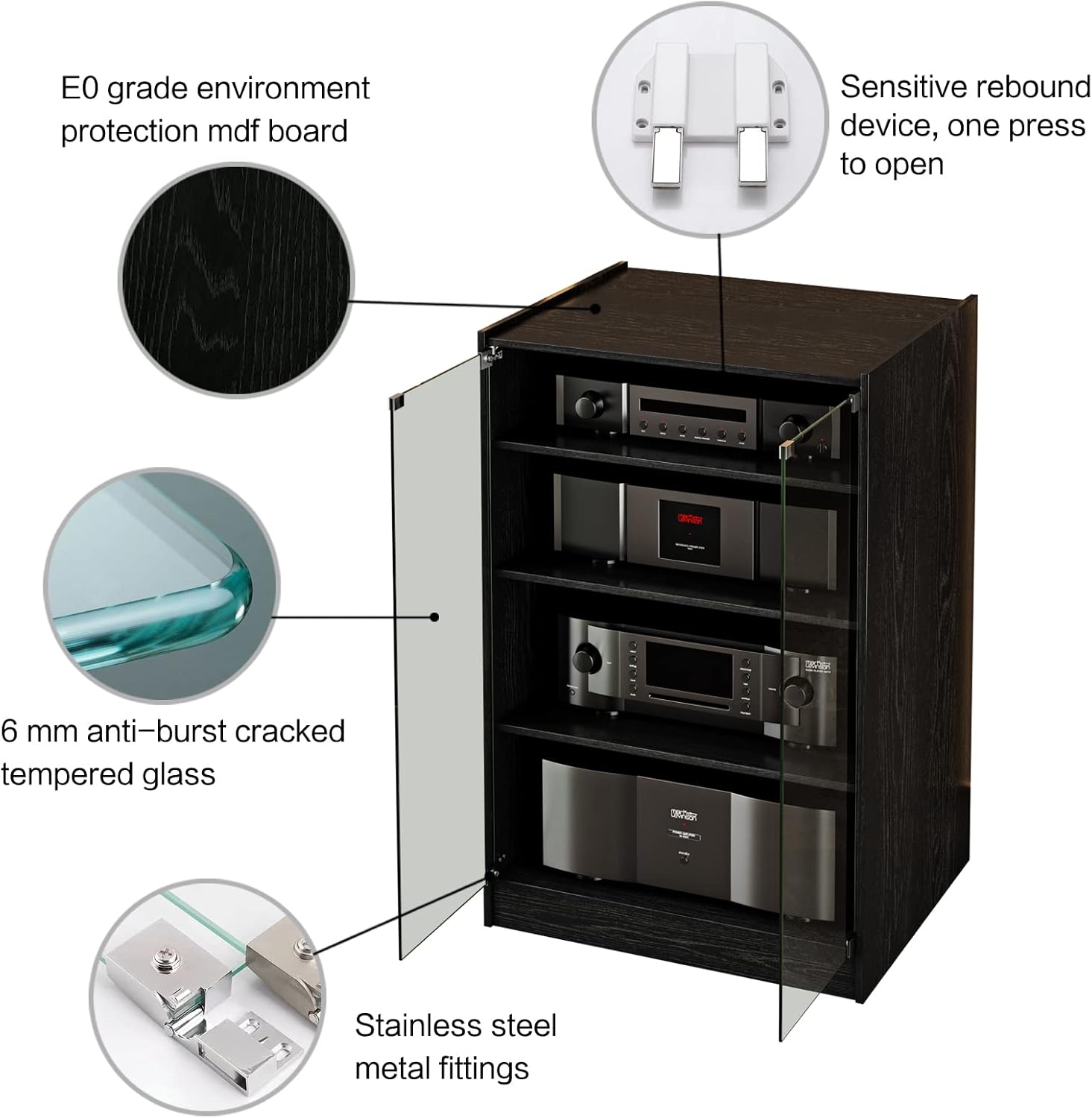 Media Storage Cabinet with Height Adjustable, 4-Tier Shelves Audio Video Media Stand Cabinet, Modern AV Cabinet with Glass Doors, Storage for Entertainment Stereo Component