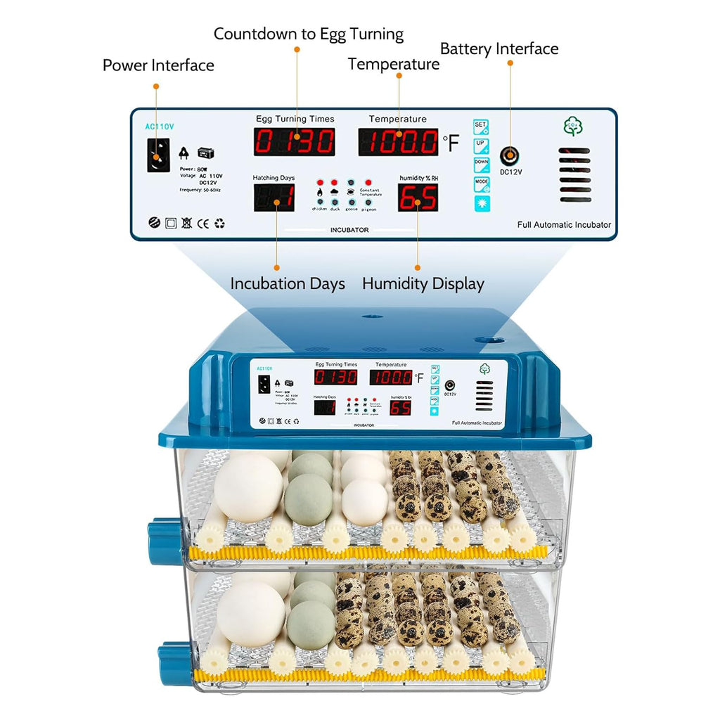 120 Egg Incubators for Hatching Eggs Automatic Temperature Control Chicken Quail Eggs Incubator Humidity Monitoring for Farm Egg Incubation