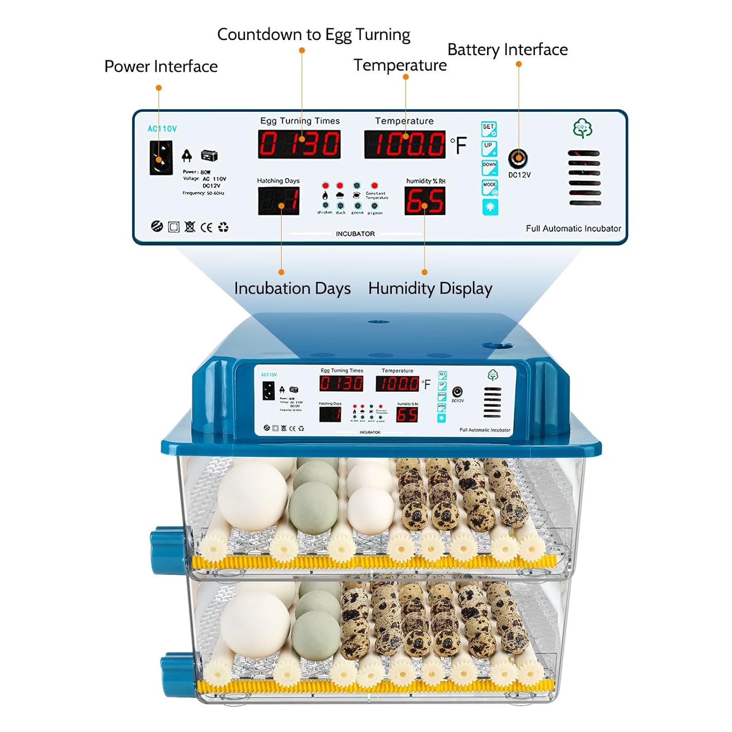 120 Egg Incubators for Hatching Eggs Automatic Temperature Control Chicken Quail Eggs Incubator Humidity Monitoring for Farm Egg Incubation