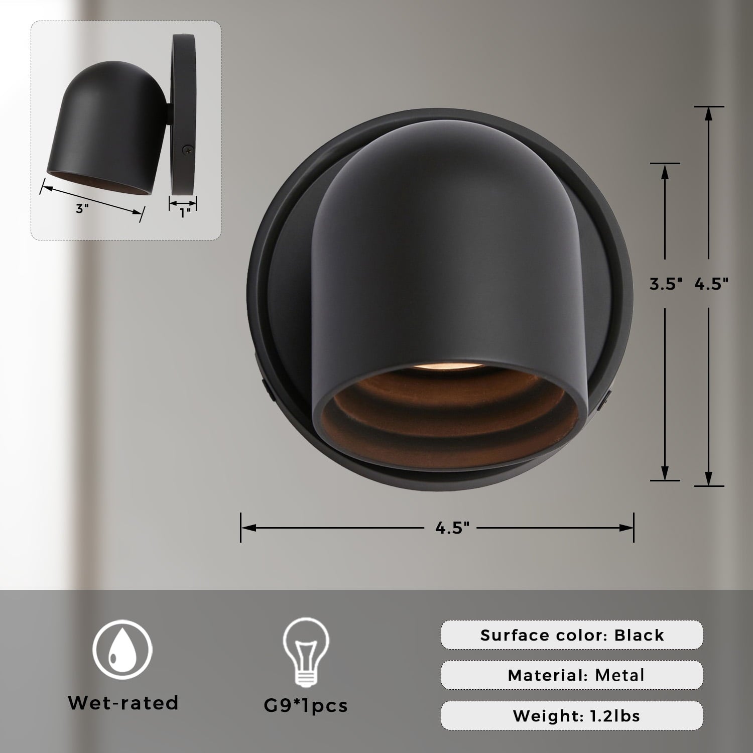 Industrial Small Dome Black LED Wall-Mounted Sconce, Unique Elegant Wall Light, Hand-polished Wall Lamp, Indoor Sconce for Bedroom, Living Room, Entryway, Hallway