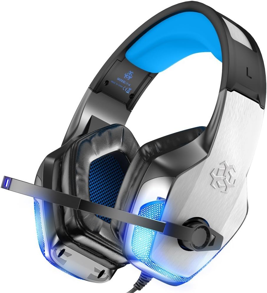 BENGOO V-4 Gaming Headset for Xbox One, PS4, PC, Controller, Noise Cancelling Over Ear Headphones with Mic, LED Light Bass Surround Soft Memory Earmuffs for Mac Nintendo Switch Games