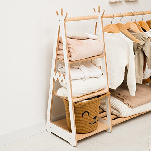 Montessori Teepee Style Clothing Rack Furniture for Toddler Wood Kids Playroom Natural Wooden Nursery Baby Neutral Room Storage Clothes Shelf Kids Gift 2nd 3rd Birthday (Small, Dark Walnut)