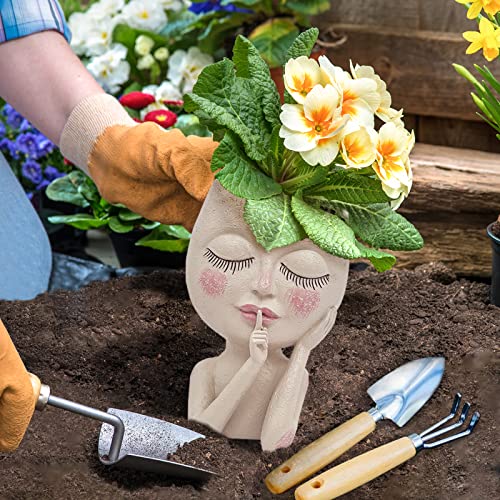 Solar-Face Flower Pot Head Planter Pots - LED String Lights Warterproof Resin Succulent Cactus Planters Pots with Drainage Hole Cute Lady Closed Eyes Indoor Outdoor Garden Decor (Large)
