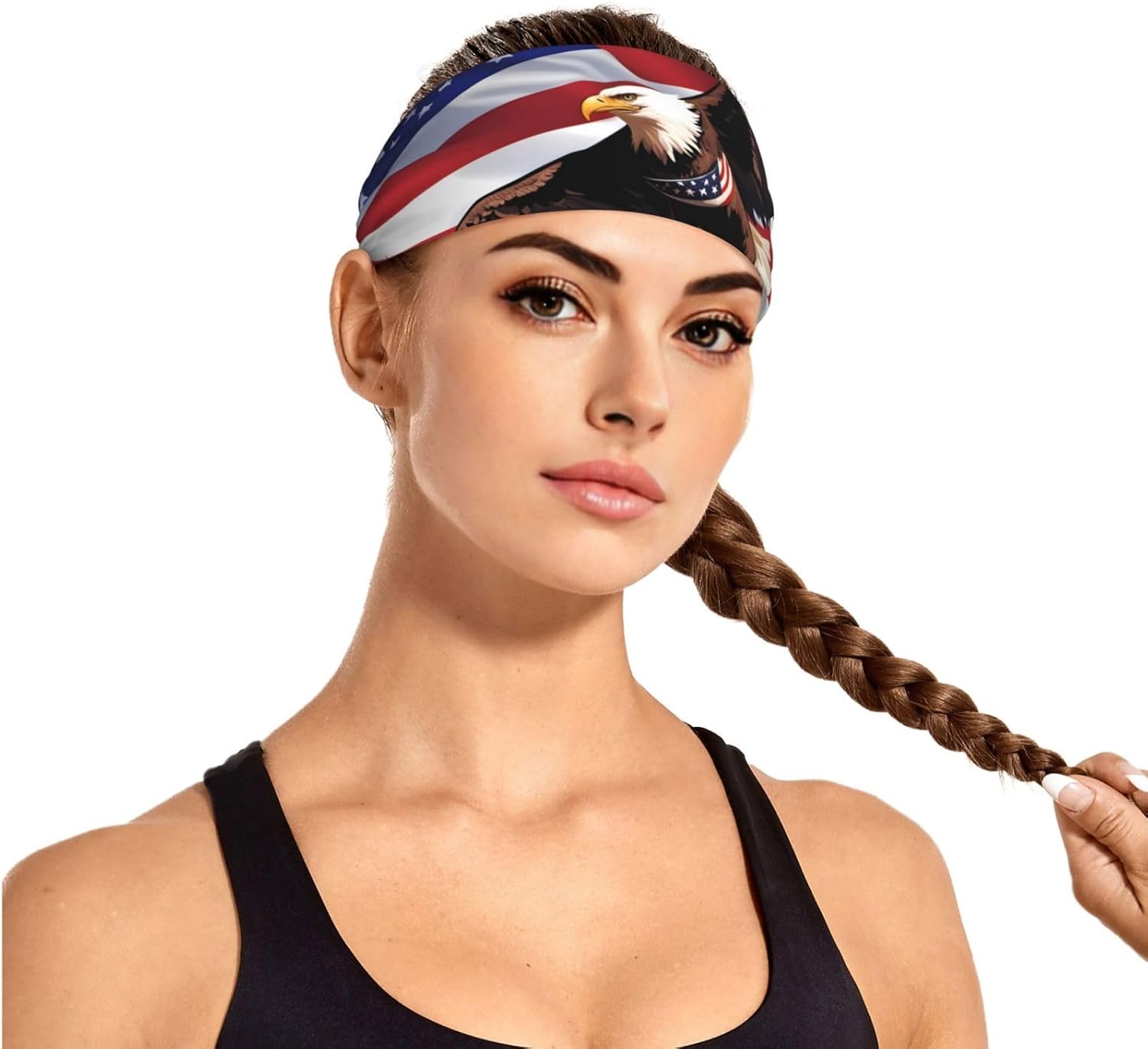 Elastic Exercise Headband for Men & Women Moisture Wicking Athletic for Running, Gym, Working Out USA Patriotic Eagle with American Flag Pattern