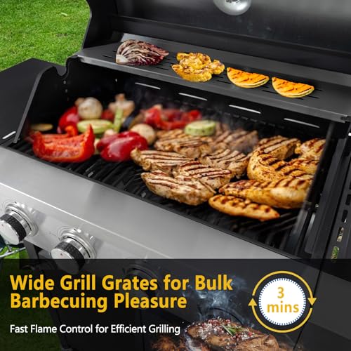 Large Propane Gas Grill with 4-Burners and Side Burner,Outdoor BBQ Grill Griddle with Porcelain-Enameled Cast Iron Grates, Stainless Steel Camping Barbecue Griddle for Patio,Garden,47000 BTU