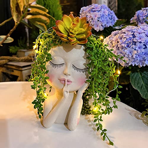 Solar-Face Flower Pot Head Planter Pots - LED String Lights Warterproof Resin Succulent Cactus Planters Pots with Drainage Hole Cute Lady Closed Eyes Indoor Outdoor Garden Decor (Large)