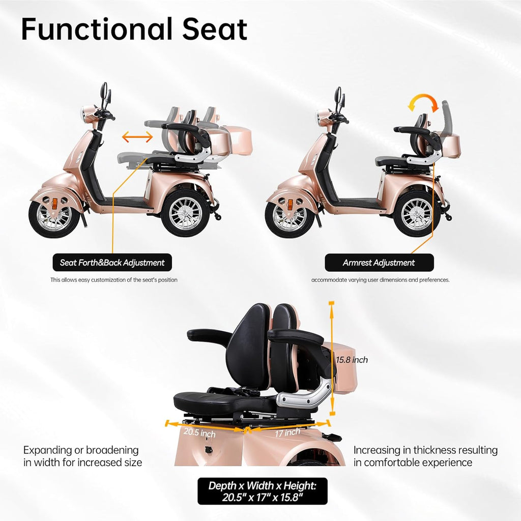 800W Heavy Duty 4 Wheel Mobility Scooters for Seniors & Adults 500lbs Capacity, Powered Mobility Scooters with 3-Speed Control & USB Charger Port, Under Seat Storage, Rose
