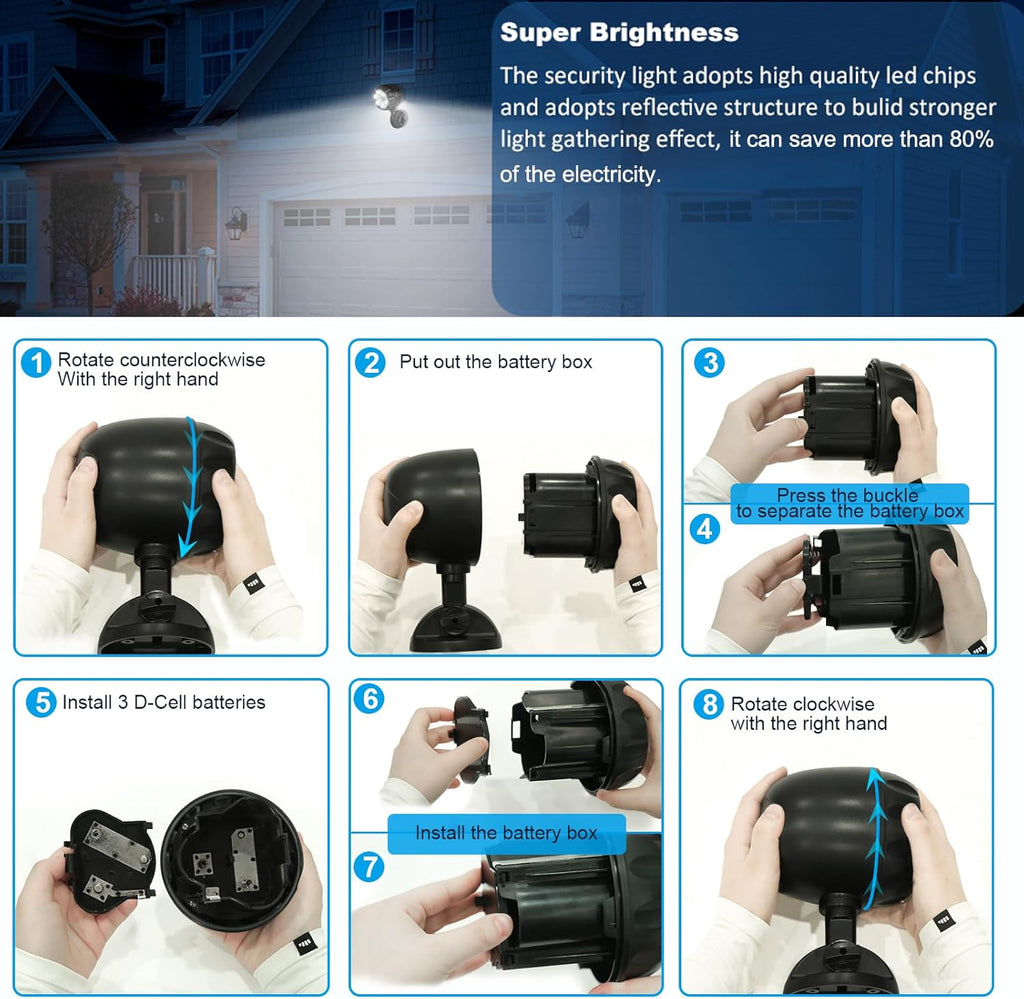 Led Motion Sensor Light Battery Operated, IP65 Waterproof Ultra Bright Motion Sensor Outdoor Spotlight Head Adjustable with 8W 600 Lumen 6000K 6LEDs for Garage Yard Porch Patio 2P