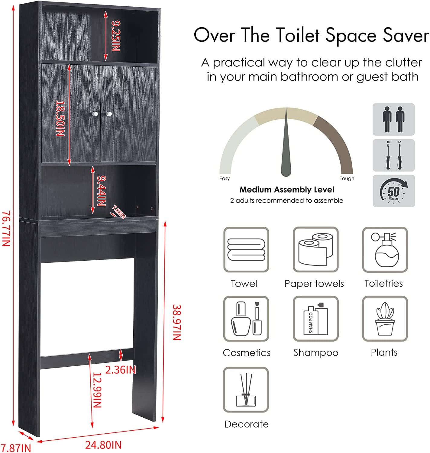 ME2 Bathroom Over The Toilet Storage Cabinet, 77'' Taller Bathroom Organizer Shelf Space-Saving Collect Cabinet with Shelves and Double Doors, Black