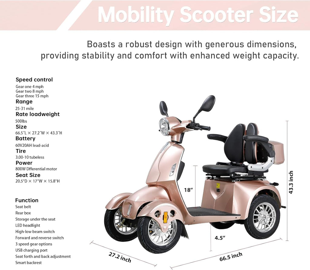 800W Heavy Duty 4 Wheel Mobility Scooters for Seniors & Adults 500lbs Capacity, Powered Mobility Scooters with 3-Speed Control & USB Charger Port, Under Seat Storage, Rose