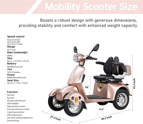 800W Heavy Duty 4 Wheel Mobility Scooters for Seniors & Adults 500lbs Capacity, Powered Mobility Scooters with 3-Speed Control & USB Charger Port, Under Seat Storage, Rose