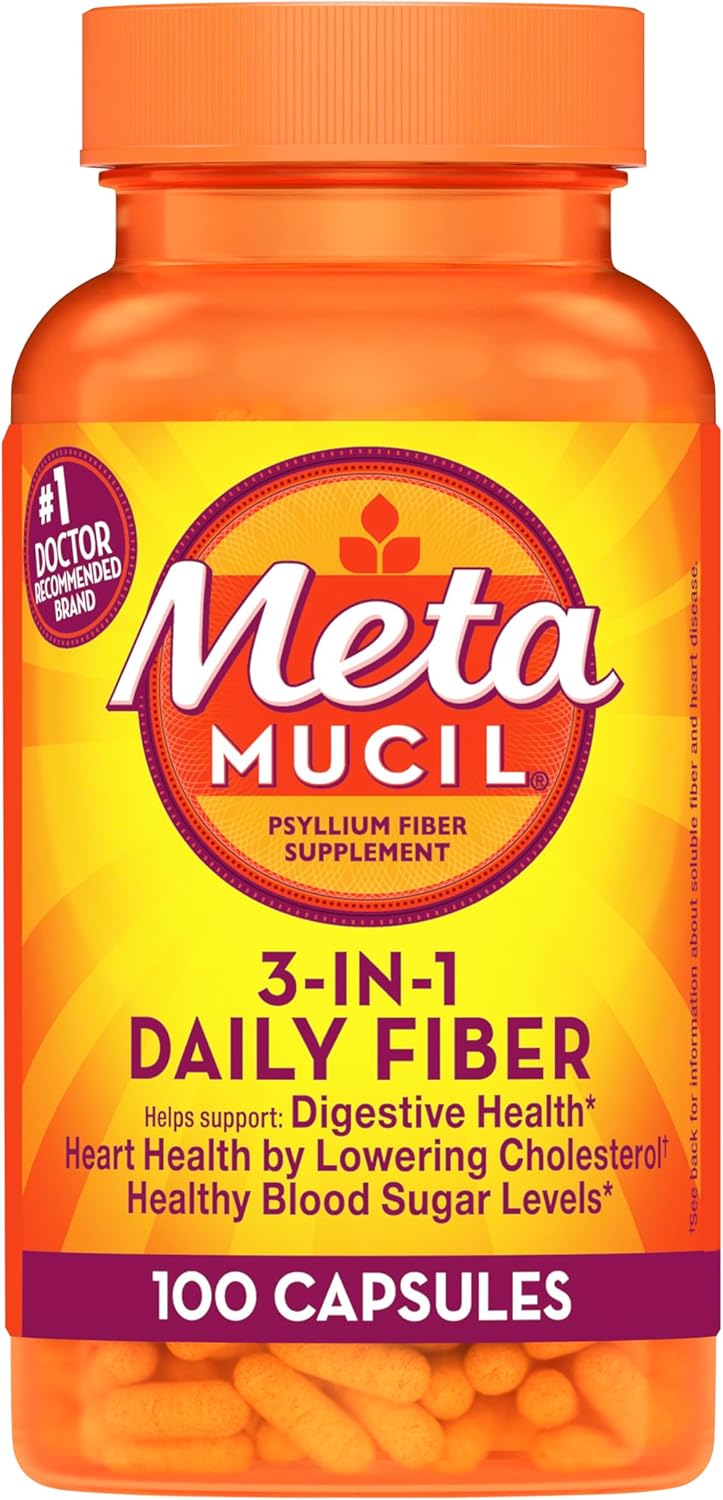 Metamucil, Psyllium Husk Fiber Supplement, 3-in-1 Fiber for Digestive Health, Plant Based, 100 Capsules (Pack of 2)