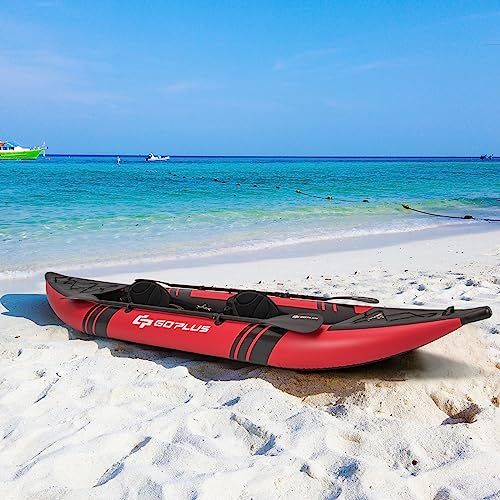 Goplus Inflatable Kayak, 2-person Kayak Set for Adults with 507 LBS Weight Capacity, 2 Aluminium Oars, EVA Padded Seat, 2 Fins, Hand Pump, Carry Bag, Repair Kit, Portable Touring Kayaks