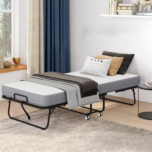 Folding Bed with Mattress 75" x 38" Rollaway Guest Bed Portable Foldable Bed for Adults with 5" Memory Foam Mattress Space-Saving Sturdy Metal Frame