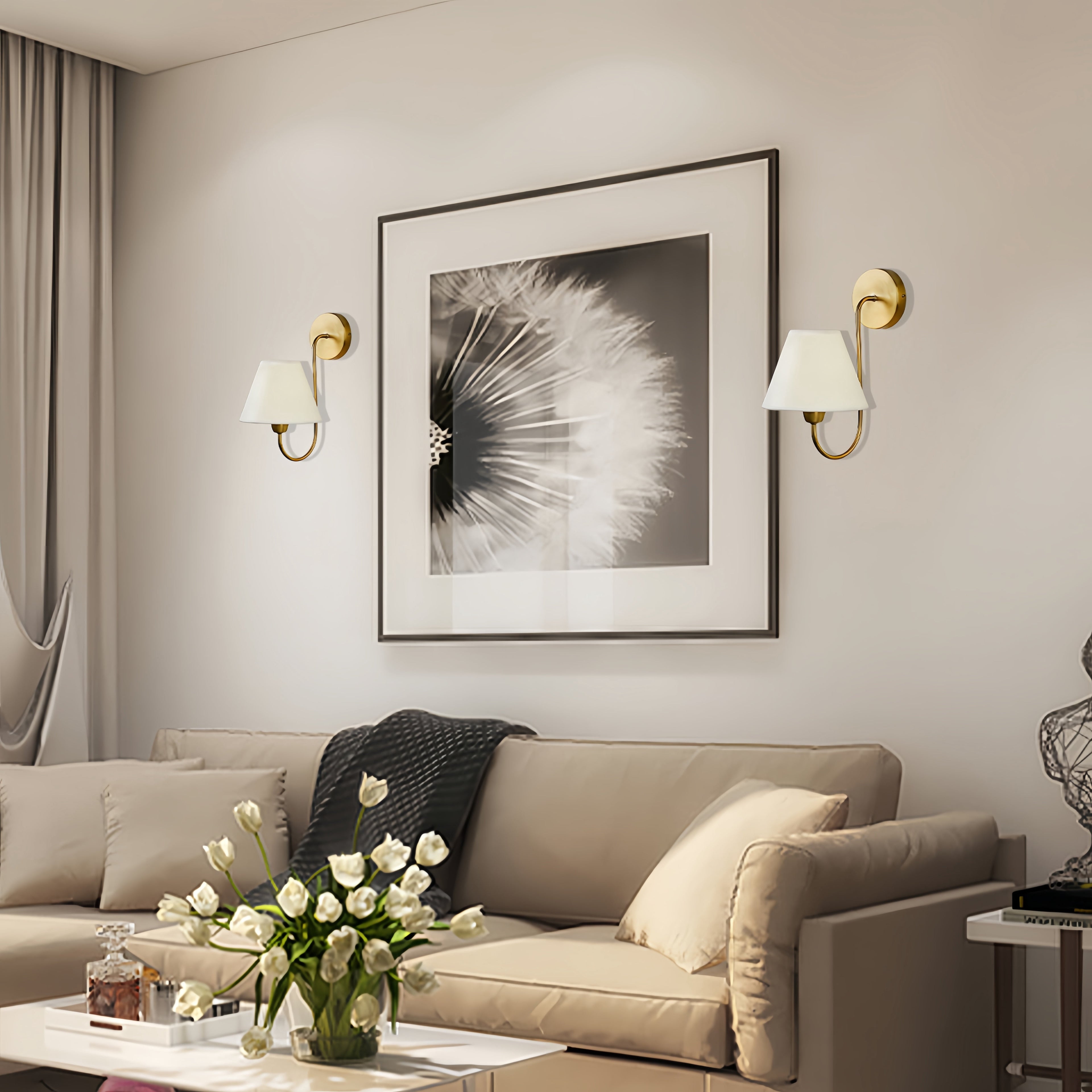 Gleaming Elegance Wall Sconce with Antique Brass&White Linen Shade,Indoor Sconce for Living&Bedroom