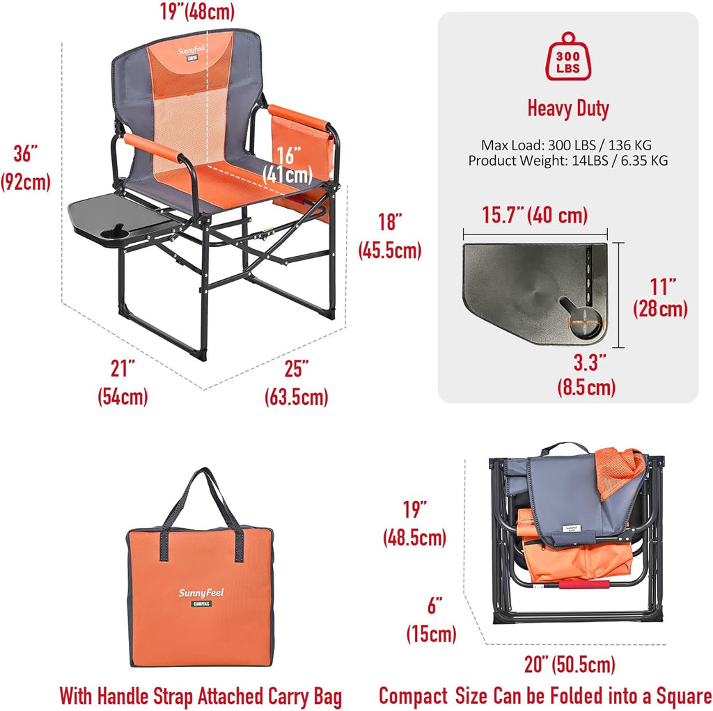 SUNNYFEEL Camping Directors Chair 2 Pack with Aluminum Outdoor Folding Table, Oversized Portable Folding Chair with Pocket for Beach, Fishing,Trip,Picnic,Lawn,Concert