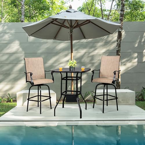 VINGLI Upgraded 3PCS Swivel Outdoor Bar Set Patio Bar Set Outdoor Bistro Set, 2 Swivel Bar Stools and Bar Table for Yard, Garden High Top Outdoor Table and Chairs (Black)
