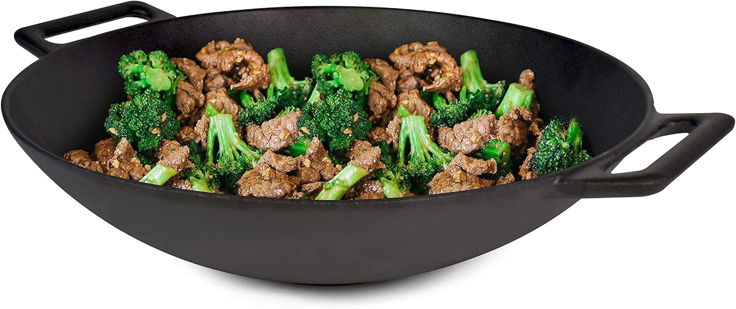 Jim Beam 12'' Pre Seasoned Heavy Duty Construction Cast Iron Grilling Wok, Griddle and Stir Fry Pan